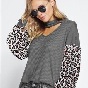 Gray waffle knit leopard cuff sleeve top